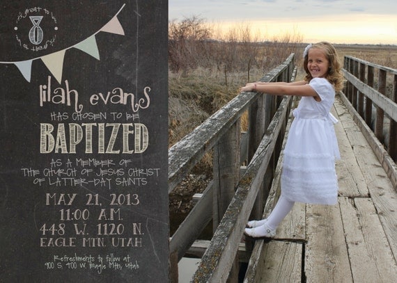 5x7 colorful chalkboard LDS Baptism Inivitation / Announcement with Banner detail