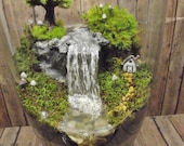 Amazing Huge Waterfall Terrarium with Raku Fired Miniature House, Tree, and glow in the dark Mushrooms - OOAK Handmade by Gypsy Raku
