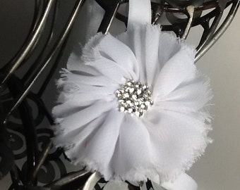 White headband: a white shabby chic flower on a white soft headband with blingy center. Baby headband, girls headband, adult headband.