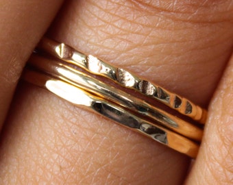 Set of 3 Polished Hammered Thin Gold Stack Ring Set