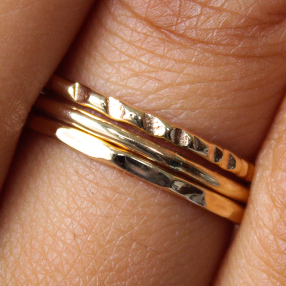 Thin Gold Ring Hammered & Polished Set