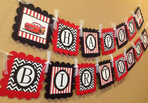 Cars Inspired Disney Happy Birthday Banner - Black Chevron & Red Stripes - Party Pack Specials Available