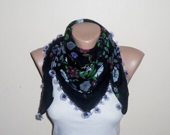 black scarf purple flower lila green white cotton turkish yemeni oya handmade