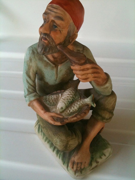 Porcelain Bisque Figurine Japanese Man With Fish and Pipe