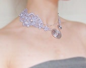 SALE wearable art lace necklace large handmade silver grey wire crystal beaded choker  handmade jewelry woman