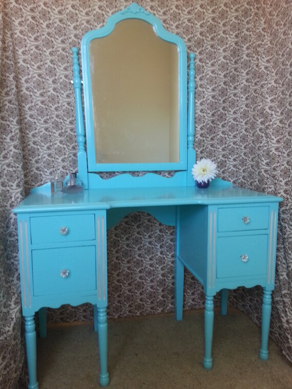 Vintage Tiffany Blue Vanity With Swivel Mirror.