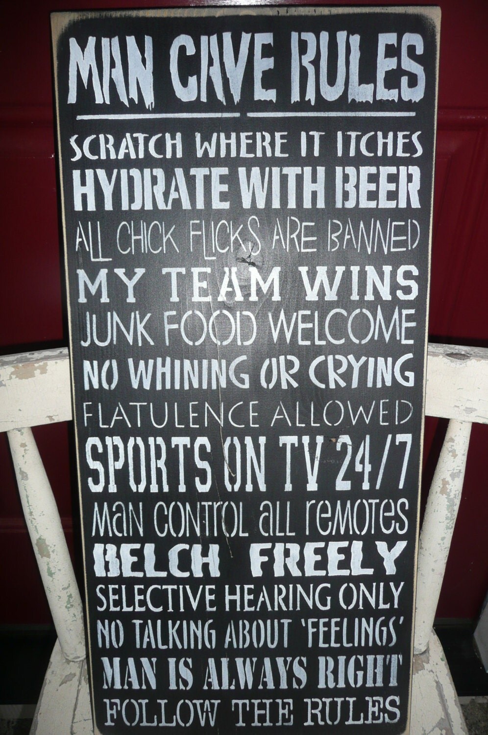 MAN CAVE RULES Hand Painted Wood Sign for him....Typography