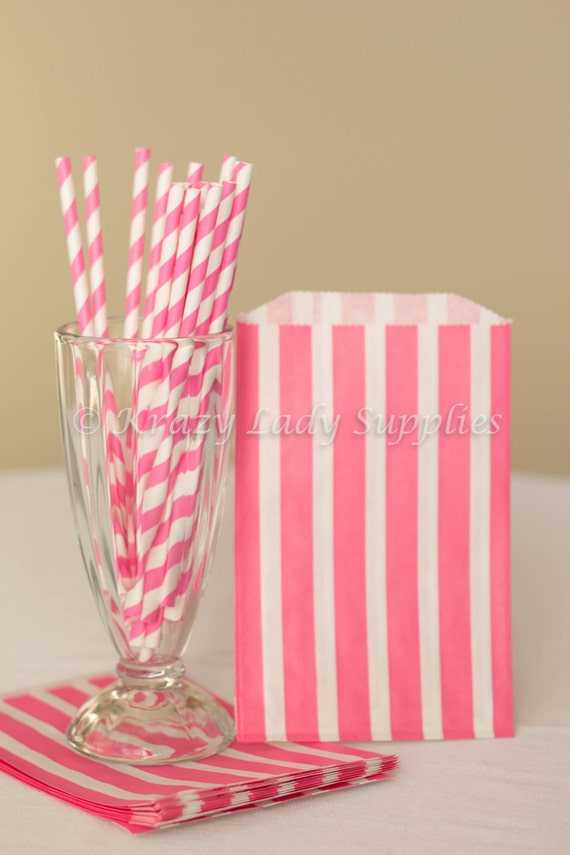 Bags and Paper Straw Party Kit 20-Vertical Striped Pink Favor Bags ...