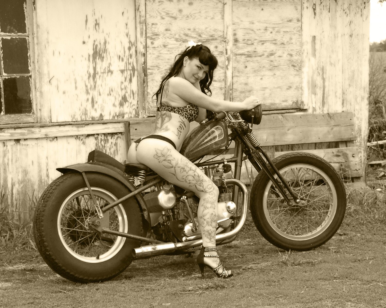 8x10 Inch Photo Of A Tattooed Babe On A Triumph Bobber