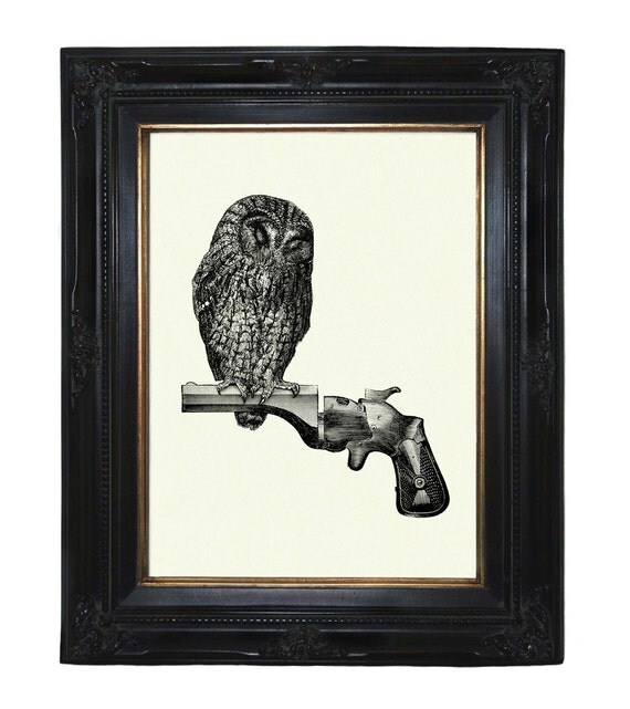 Owl Art Print sitting on Gun Revolver Branch Victorian