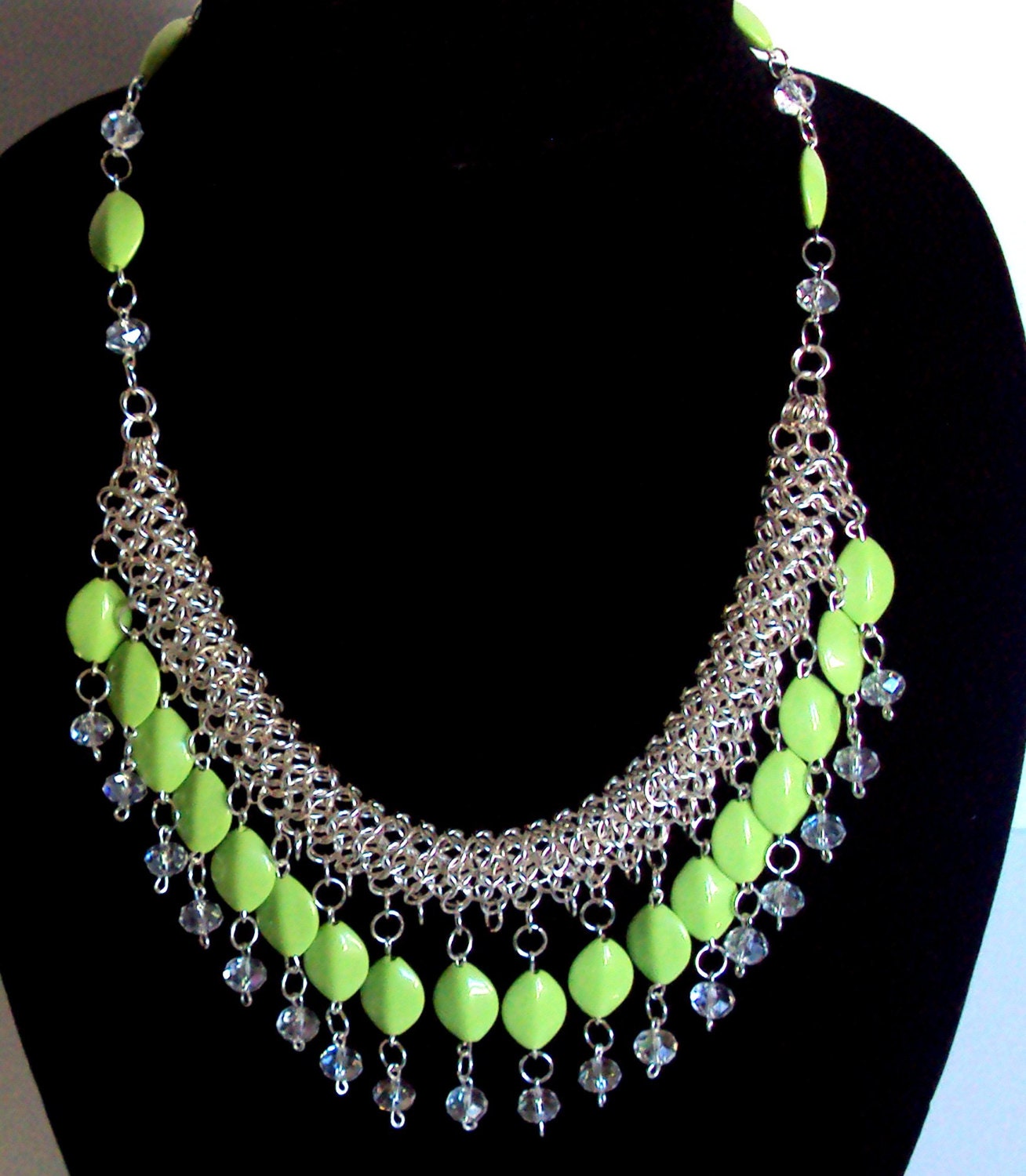 Silver and lime green statement necklace chainmaille by NezDesigns
