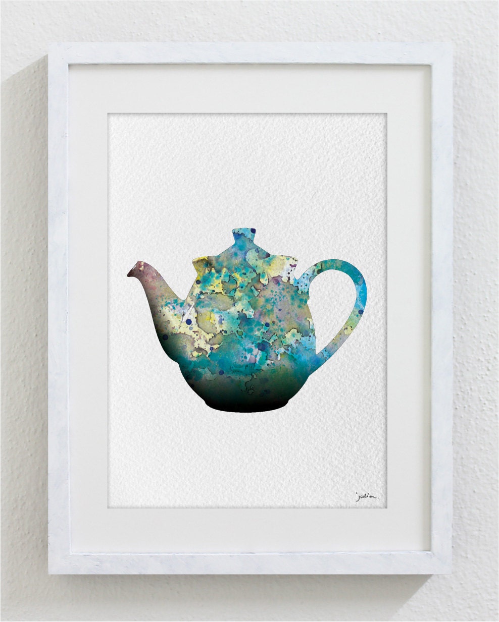 Teapot Art Watercolor Painting 5x7 Archival Print Teal