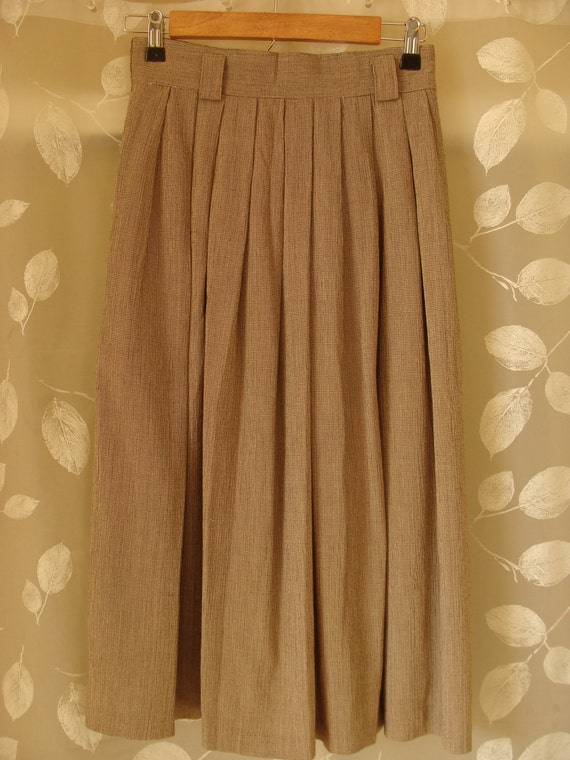 Gingham Print Brown Pleated Knee Length Skirt