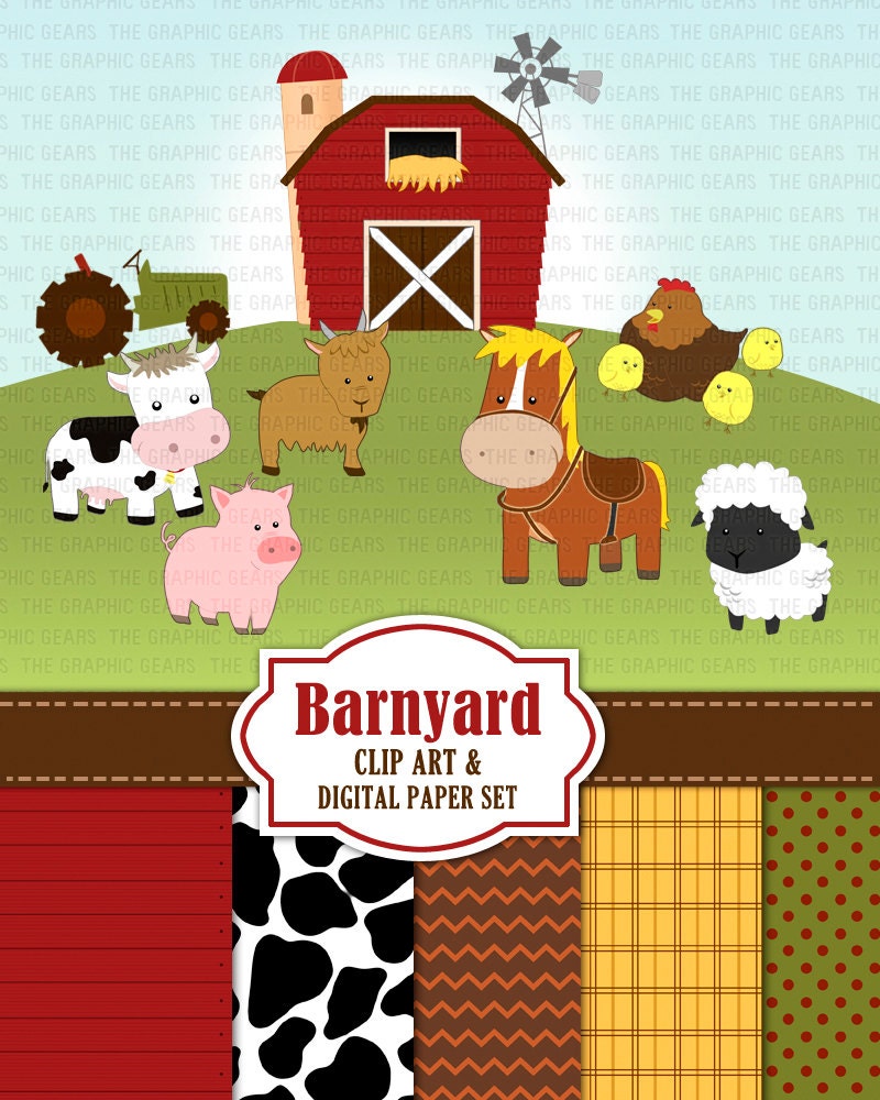 Barnyard Animals Clip Art Barn Clipart Set Farm by GraphicGears