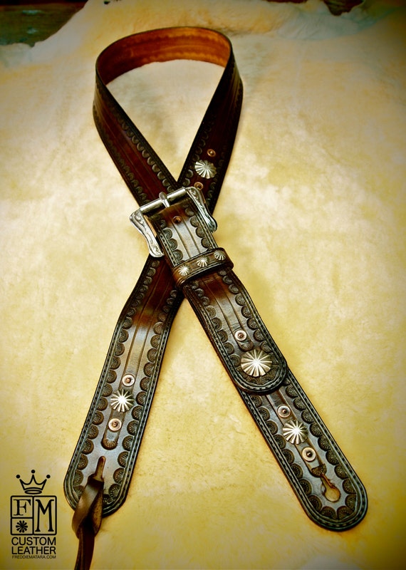 Leather Guitar strap Dark Brown OUTLAW Cowboy Rockstar Hand tooled, Fine custom Handmade Western style Made for YOU in NYC by Freddie Matara