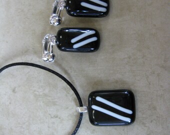 Black and White Pendant Earrings Set, Glass Necklace and Clip On Earrings, Fused Glass Jewelry - Time Turner - 2987 -2