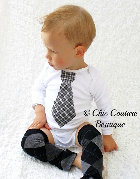 Baby Boy Tie Bodysuit & Leg Warmers SET. Black White Plaid