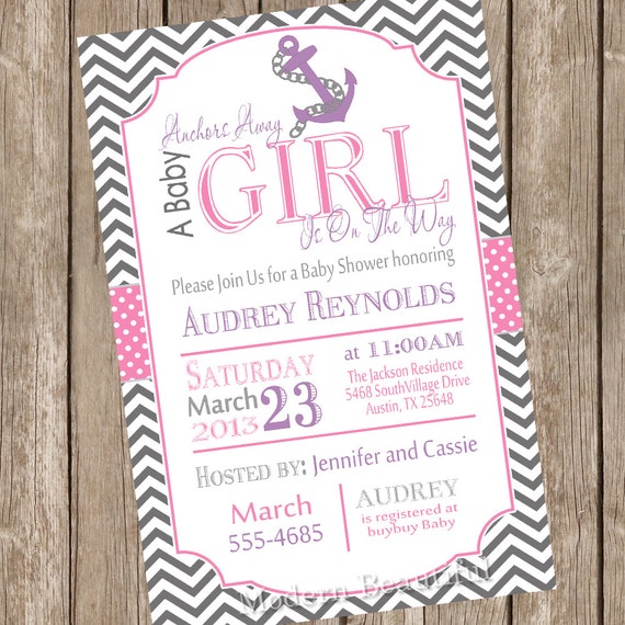 Chevron anchors away a baby is girl on the way baby shower invitation, pink, purple, grey, anchor, nautical, printable invitation Il_570xn