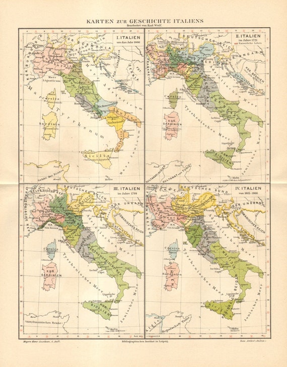 1890 Original Antique Historical Map of Italy