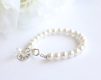 Sterling Silver Personalized Charm, Flower Girl Gift, Hand Stamped, Girls Pearl Bracelet Kids Jewelry, Jr Bridesmaid -- FREE Gift Packaging