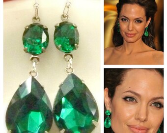 Emerald Green Earrings Angelina Jolie Inspired Style Teardrop Drop Estate Style Earrings