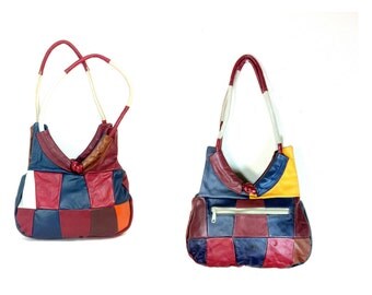 Patchwork Leather Hobo Bag / 80s Colorful Shoulder Bag