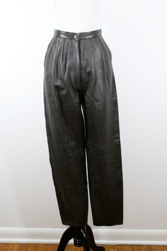 1980s Black Leather Pants Pleated High Waist
