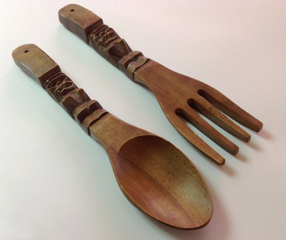 Vintage Carved Wooden Serving Fork, Spoon, Carved Wood Tiki Serving