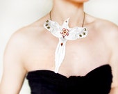 OOAK statement bird lace necklace unique bib steampunk white beaded  polymer flower charm crystal oversized wedding party