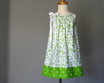 Little Girls Green Pillowcase Dress - Lime Green and Crisp White Sun Dress - Girls Summer Dress - Size 12m, 18m, 2T, 3T, 4T, 5, 6, 8, or 10