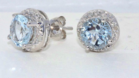 2 Ct Natural Aquamarine & Diamond Round Stud Earrings .925
