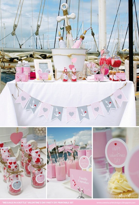 VALENTINES Printable Set: Message in a Bottle. Set includes Cupcake Toppers, Favor Tags, Bunting, Hersheys Dots and more Il_570xn