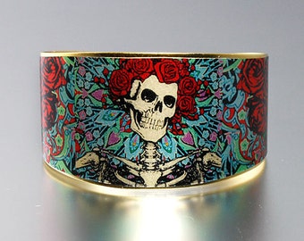 Photo Cuff, Brass Cuff Bracelet, Altered Art Jewelry, Photo Jewelry - Deadhead Skeleton and Roses - Sealed in Resin - Free USA Shipping