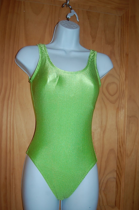 Vintage 80s Catalina High Cut Neon Green Shiny Ribbed Tank One