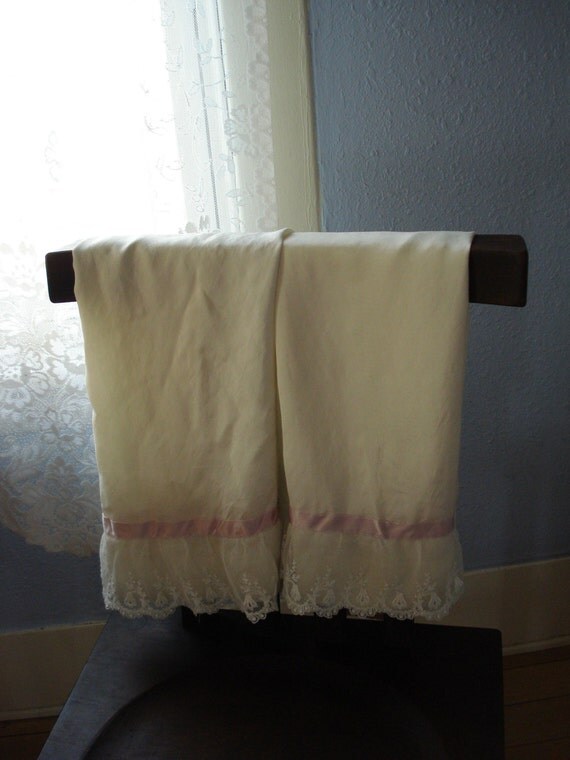 Vintage 1950s Silk Pillowcases with French Lace 2013211