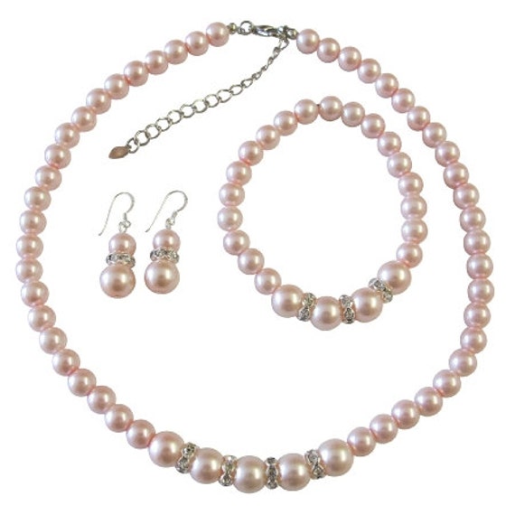 Pink Pearls Jewelry Set Bridal Bridemaids Pink Pearls Necklace