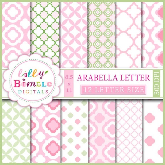 Letter Size Digital Papers 8.5x11 pink and green quatrefoil Scrapbook Paper ARABELLA Il_570xn