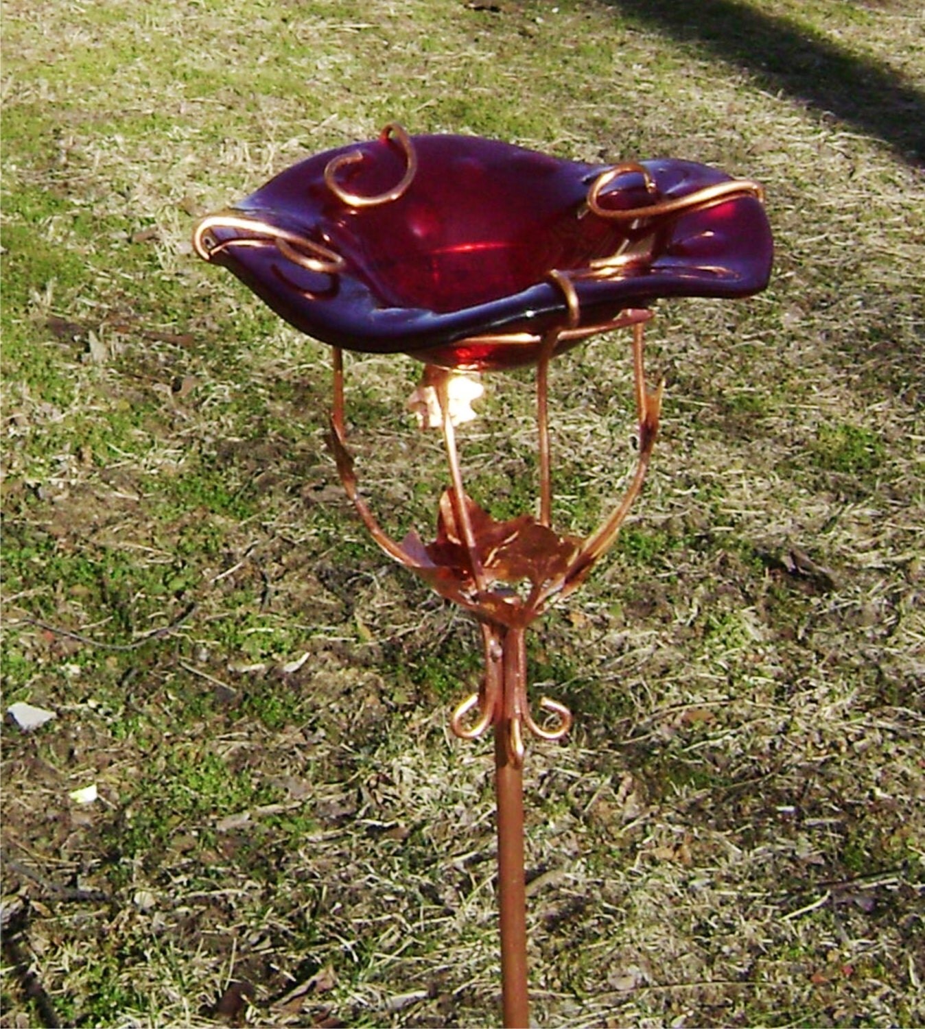 bird feeder garden stake fused glass and copper in cherry red bird feeder garden stake fused glass and copper in cherry red