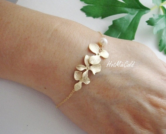 Gold Orchid Flowers Bracelet and White Pearl, Gold Fill Bracelet ...