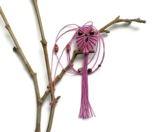 Lilac Macrame Owl Necklace, Pendant, Textile Jewelry, Women, Cute Pendant Necklace, Adjustable, Gifts Under 15, Macrame Jewelry, macraMe