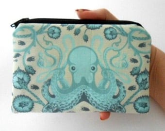 Aqua Little Zipper pouch Coin Purse Gadget Case ECO Friendly Padded Octo Garden