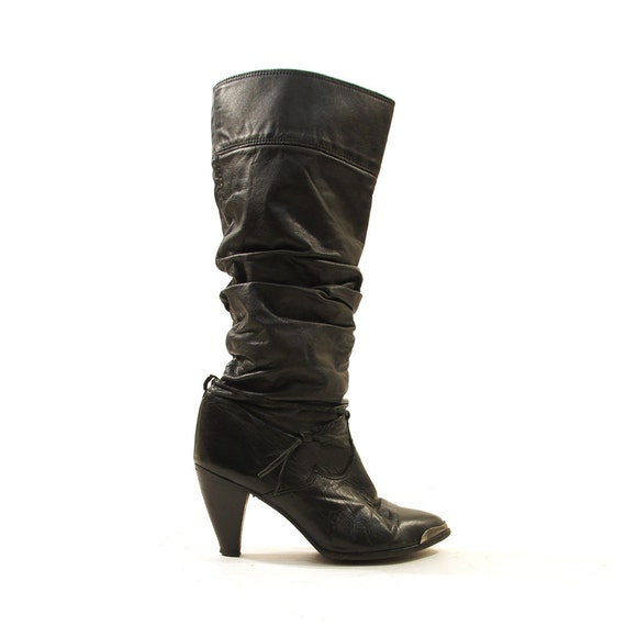 80s Zodiac Knee High Leather Boots / Pull On / Black Leather