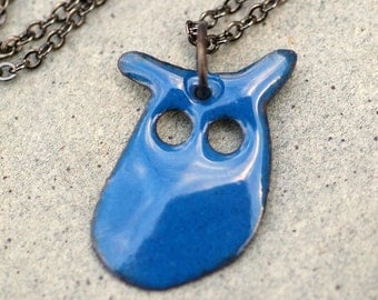 Enamel Owl Pendant, Necklace, Copper, Enameled Jewelry - Blue