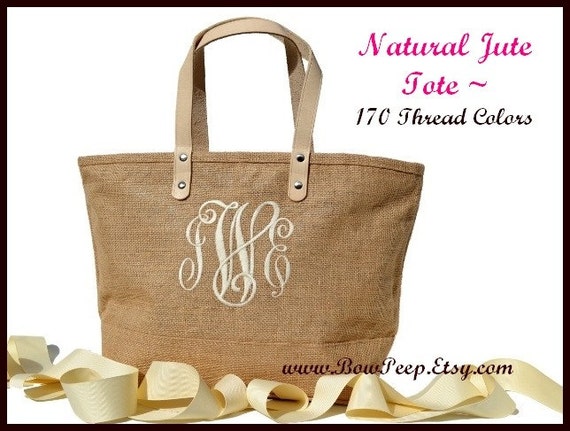 Monogram Jute Tote Bag - Personalized Natural Burlap totes ...
