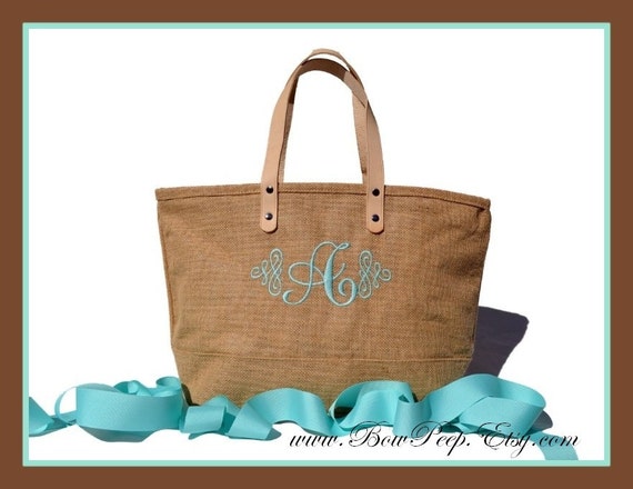 Monogrammed Initial Jute Tote Bag with Scroll Design - Personalized ...