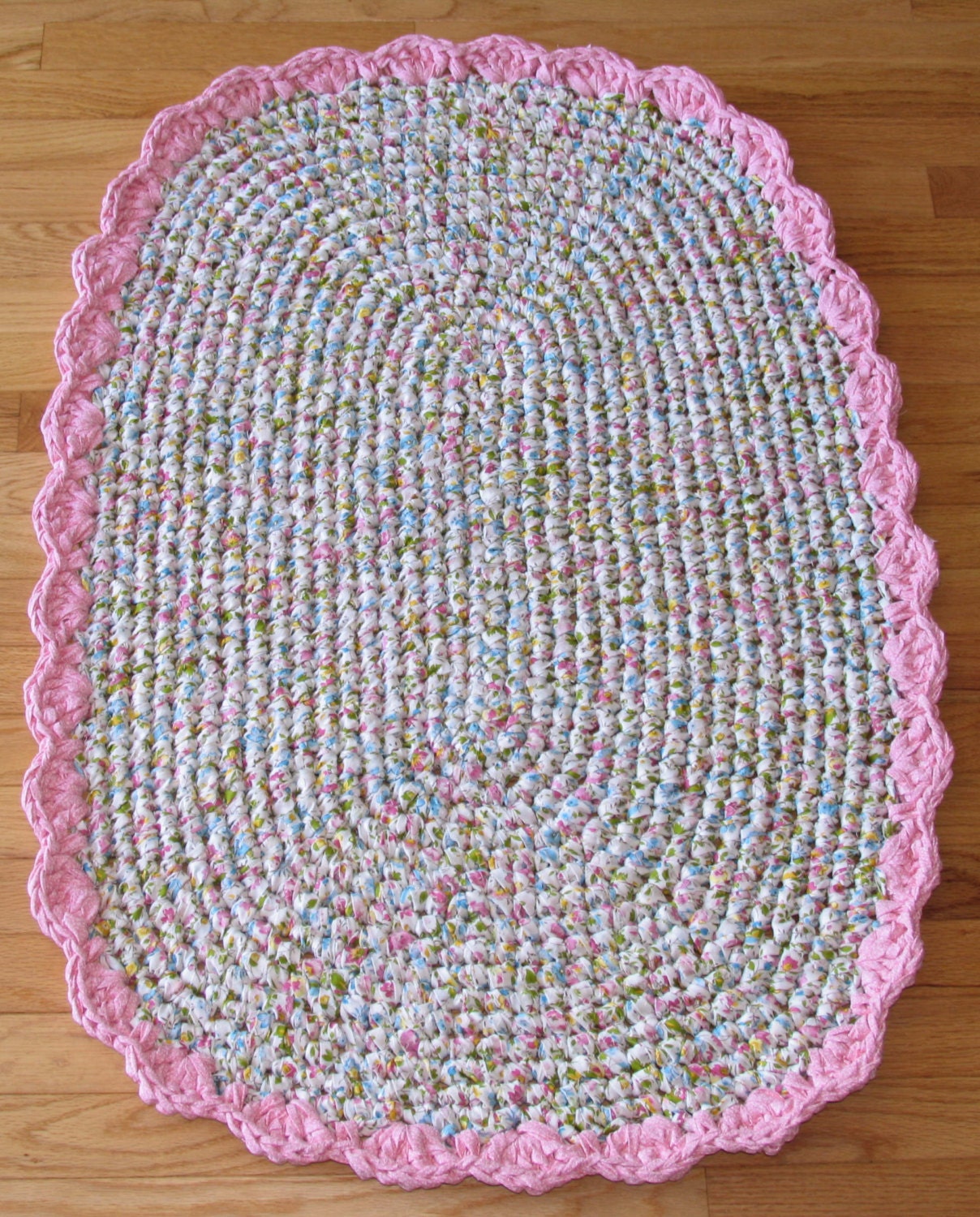 Hand Crocheted Cotton Fabric Oval Rag Rug Floral on by EEECrafter