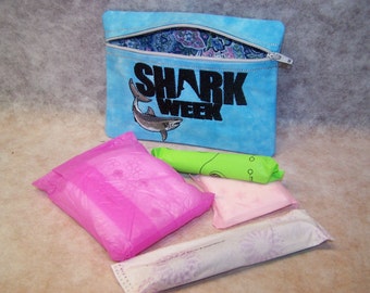 Tampon & Maxi Pad Holder SHARK WEEK Zippered Fabric Purse Pouch / Tampon Keeper