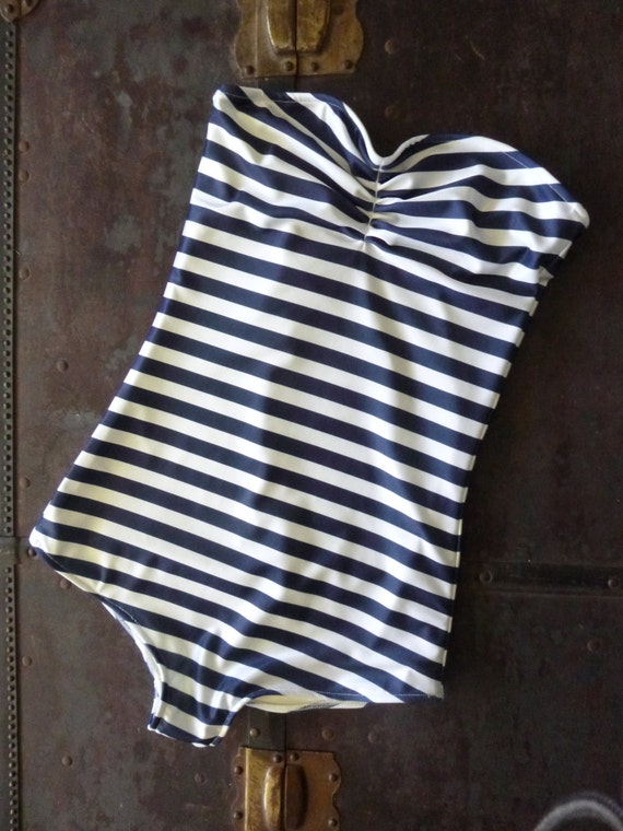 Navy and white stripe Strapless retro one piece swimsuit sizes