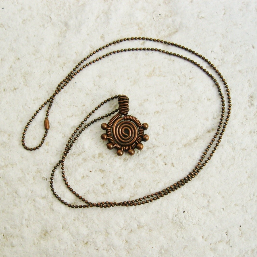 Antiqued Copper Wire Wrapped Swirl Pendant Necklace With