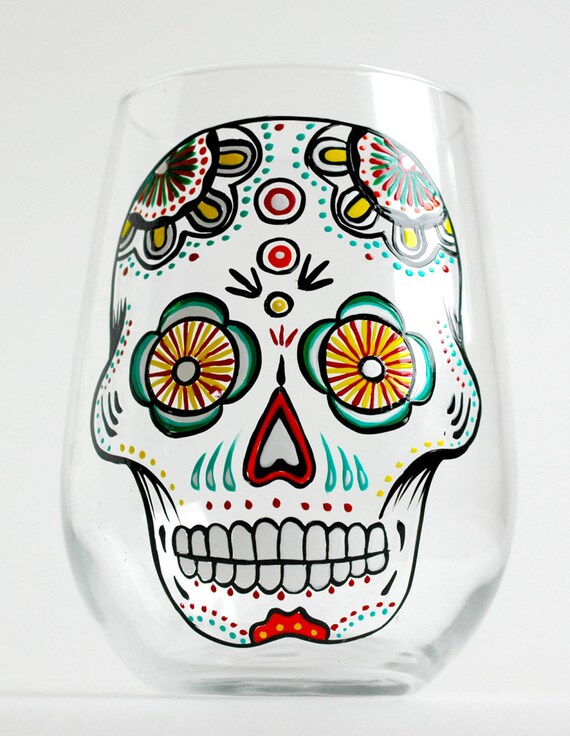 Items similar to Sugar Skull Hand Painted Stemless Wine Glass Día